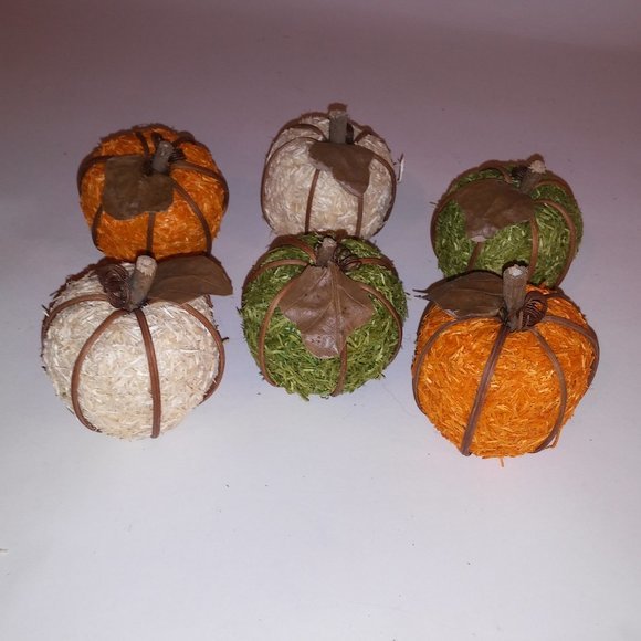 Set of 6 Fall Pumpkin Wicker Orange Green Cream Home Decor Table New‎ With Tags - Picture 1 of 9